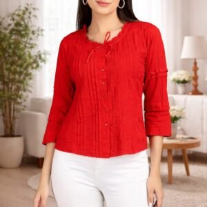 Women’s Elegant Red Pintuck Button-Down Top