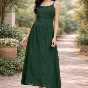 Women’s Elegant Dark Green Embroidered Maxi Dress