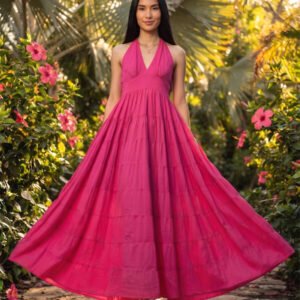 Jivaraa Roselle Fuchsia Cotton Tiered Maxi Dress for Women