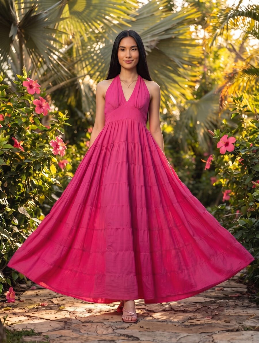 Jivaraa Roselle Fuchsia Cotton Tiered Maxi Dress for Women