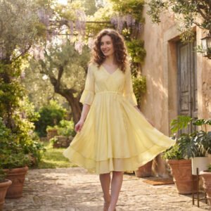 Elara Butter Yellow Cotton Flared Midi Dress